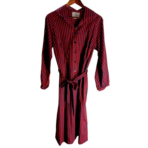 Countess Dresses & Skirts - Vtg 80s Countess Striped Shirt Dress Navy Red Midi Button Belted 18C Mod Style